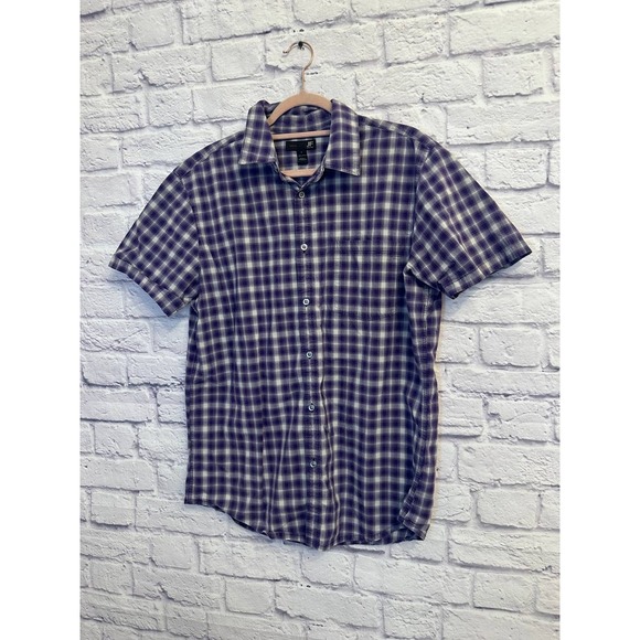 JF J Ferrar Mens Plaid Slim Fit Short Sleeve Button Up Shirt Large 100% Cotton - Picture 1 of 6